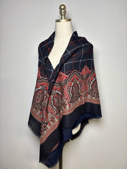 Burberrys' Paisley & Check Pure Wool Vintage RARE Pre-owned Square Navy Scarf