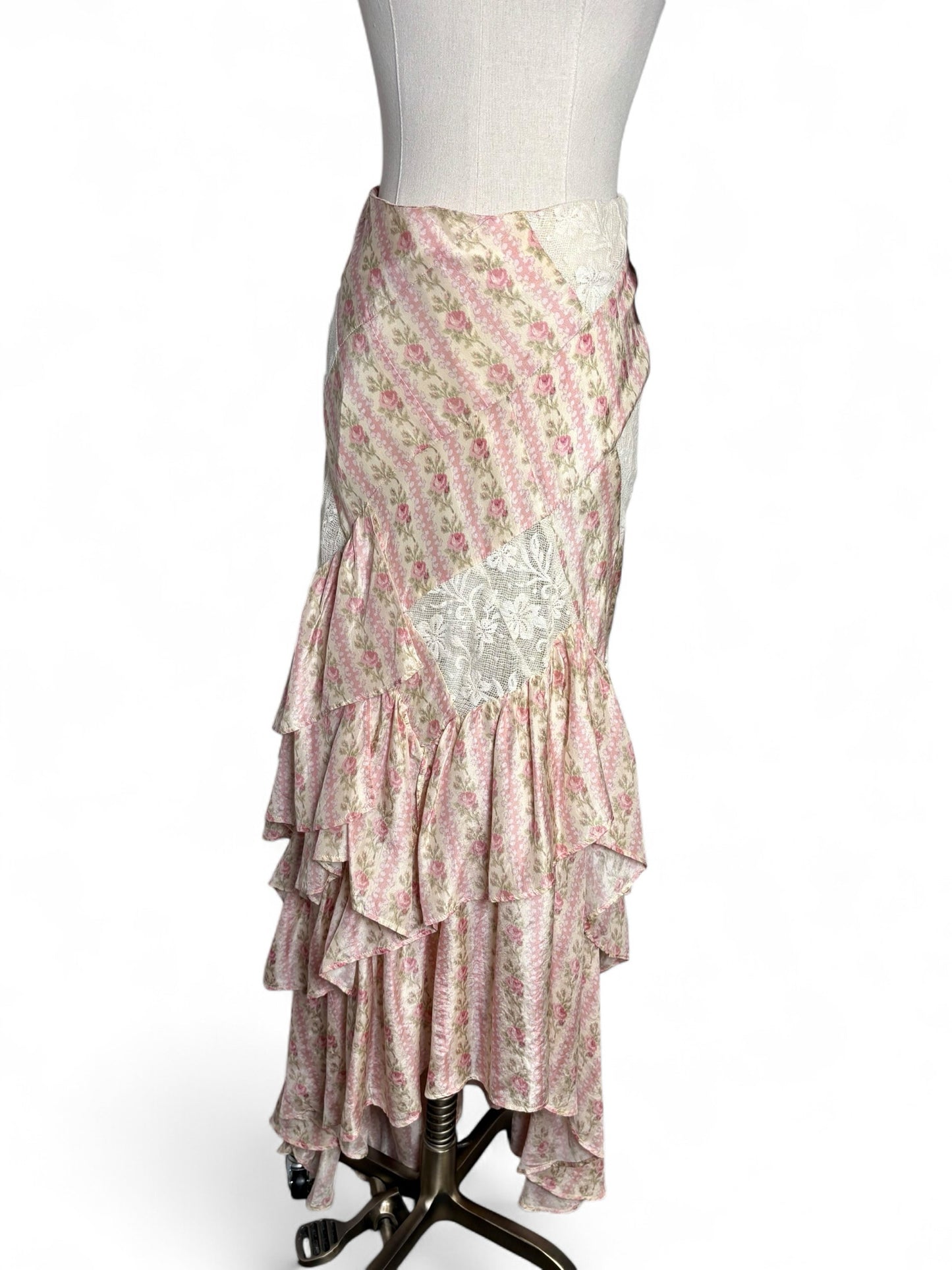 Wmn Size 12 LoveShackFancy Floral Print Silk Asymmetric Hem Midi Pre-owned Skirt