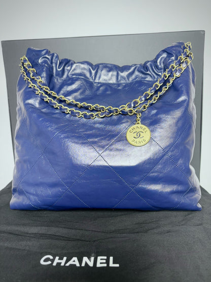Chanel 22 Calfskin Leather Metallic Navy Blue Quilted Purse