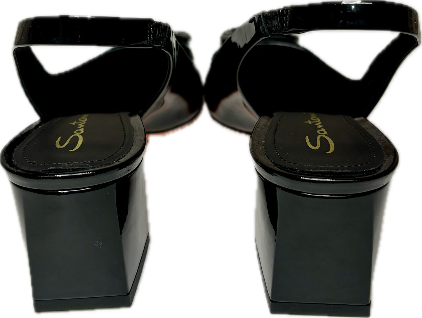 Santoni Black Leather Patent Slingback Heels, Sz 8.5
