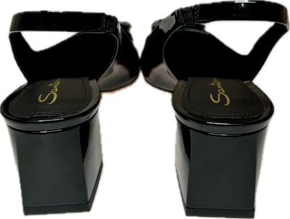 Santoni Black Leather Patent Slingback Heels, Sz 8.5
