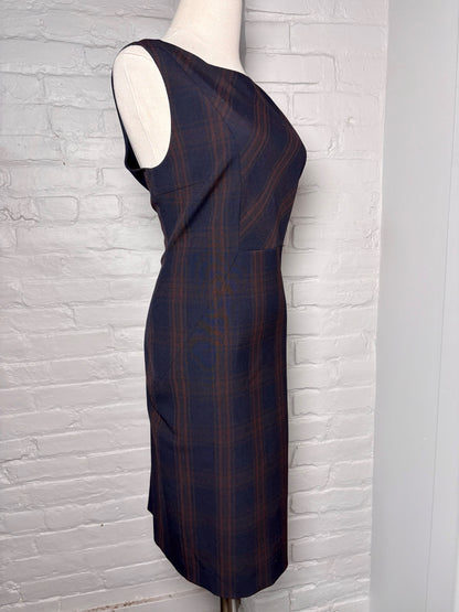 Women Size 10 Elie Tahari Navy, brown Plaid Polyester Blend Dress