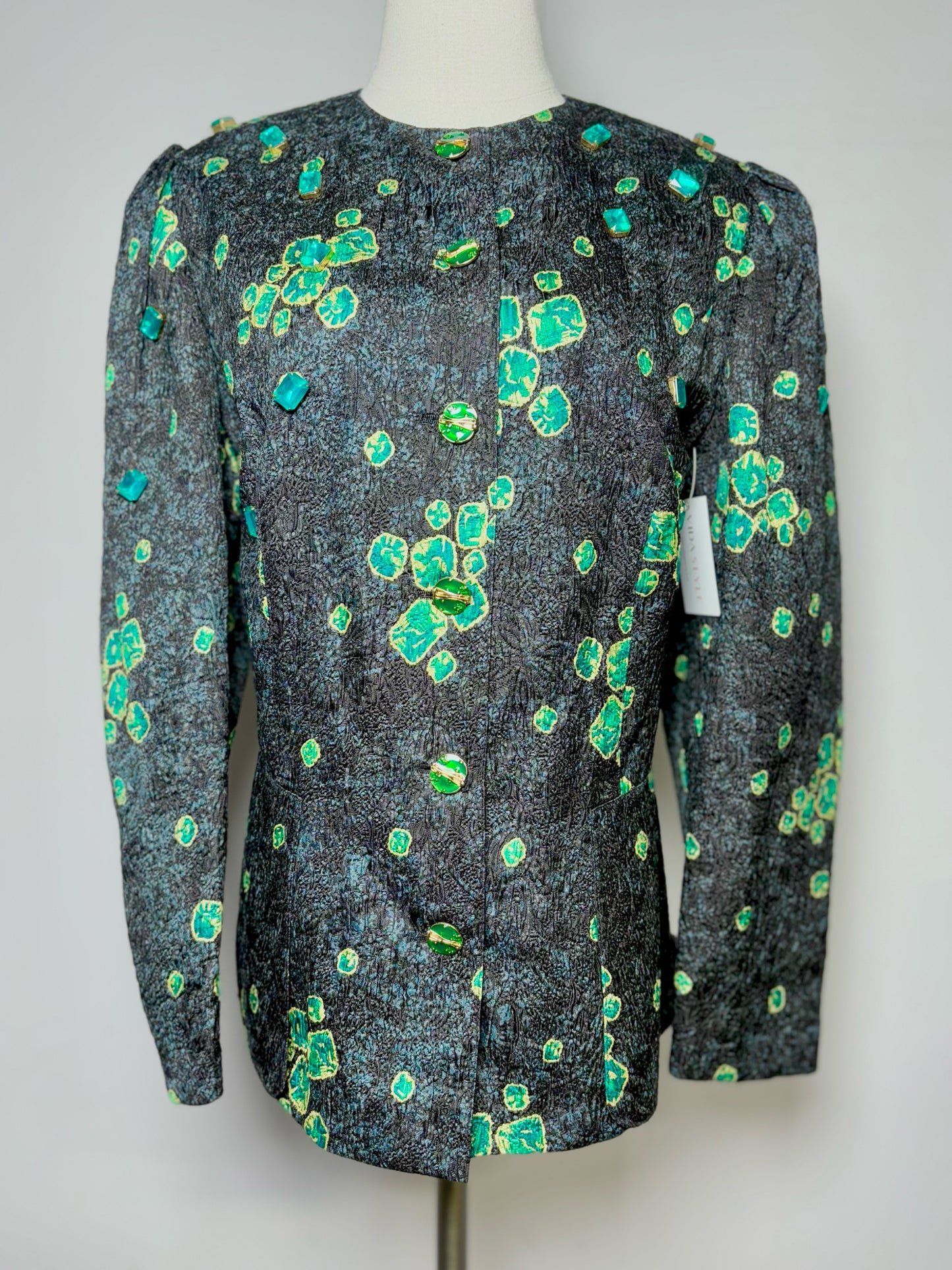 Women Size 16 (XL) Louis Feraud Green, Black Embellished Silk Blend Jacket