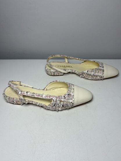 Women's Shoe Size 37.5 Chanel Cream Multicolor Tweed Lambskin Leather Pre-Owned Slingback Shoes