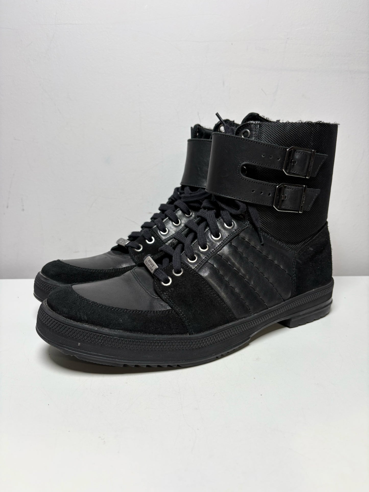 Men Shoe Size US 10 Versace Collection Black Leather & Nylon Pre-Owned High-Top Sneakers