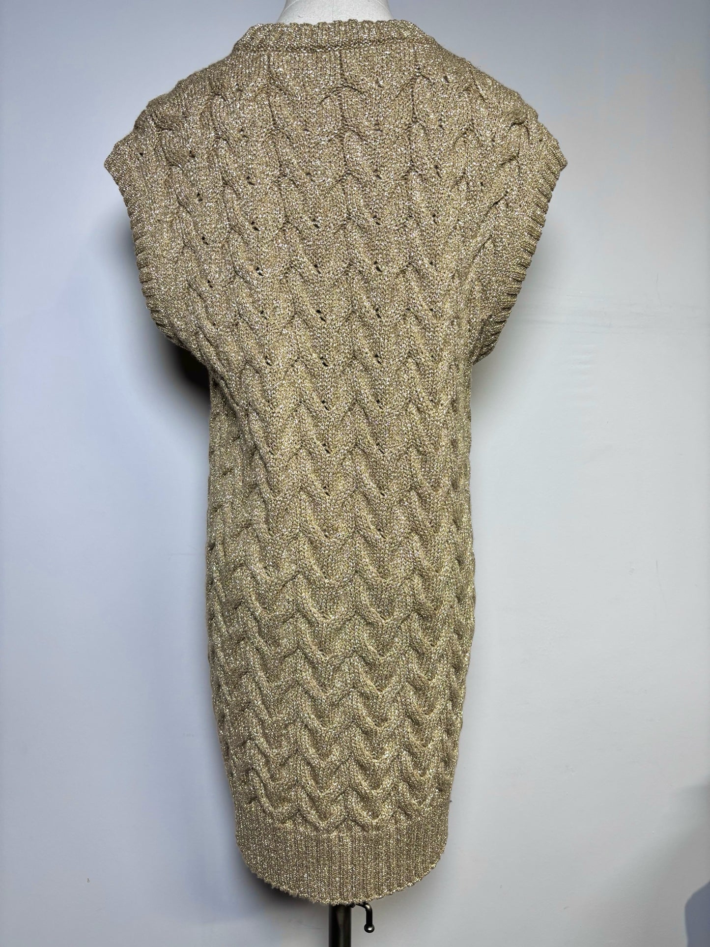 Women Size M (Est.) Max Mara Metallic Gold Cable-Knit Mid-Length Sweater Dress