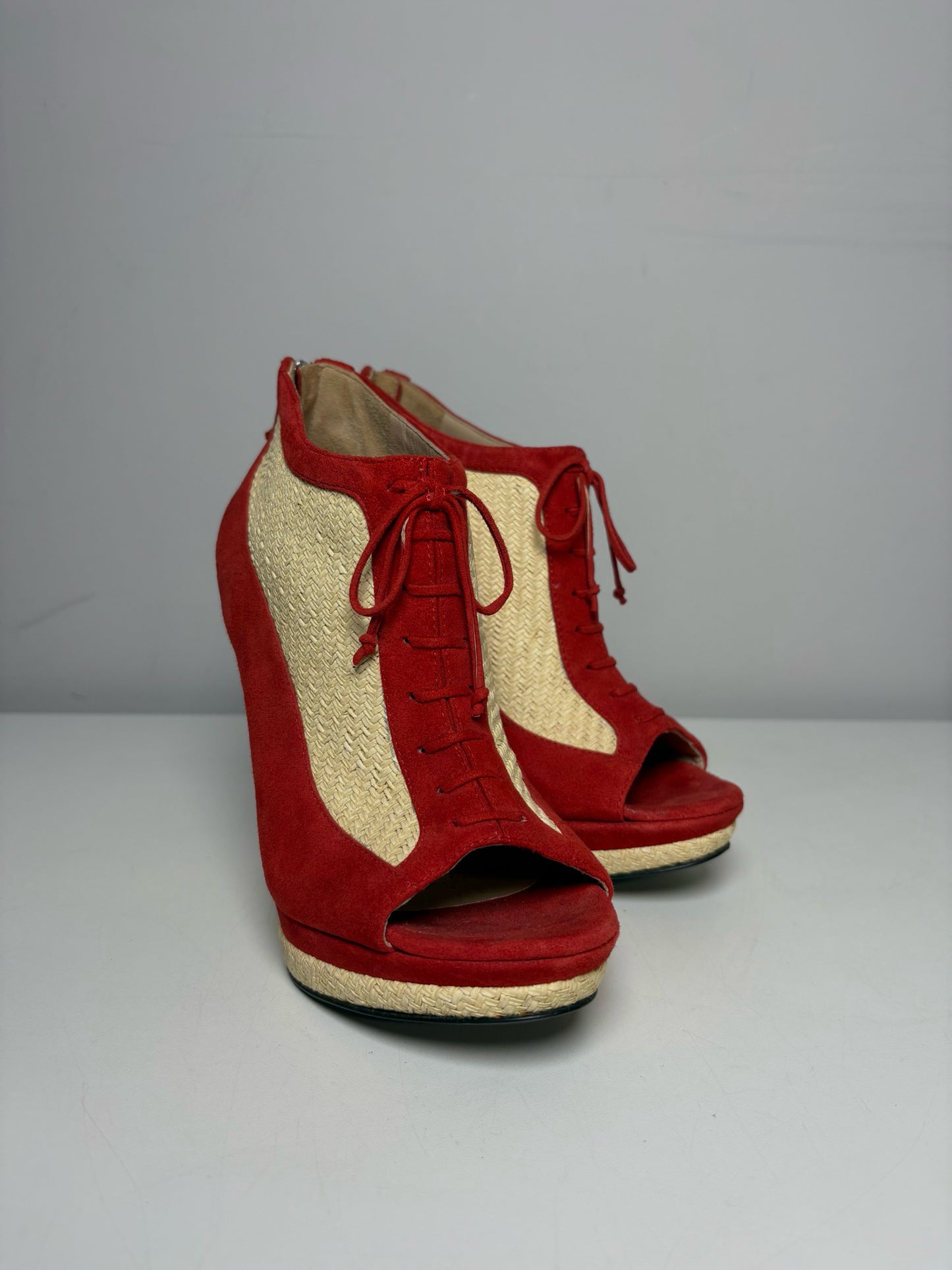 W Shoe Size 36.5 Fendi Red, Natural Leather, Rattan Suede Pre-owned Wedge Heels