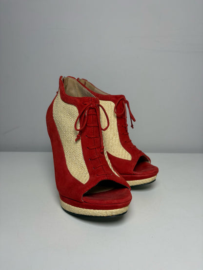 W Shoe Size 36.5 Fendi Red, Natural Leather, Rattan Suede Pre-owned Wedge Heels