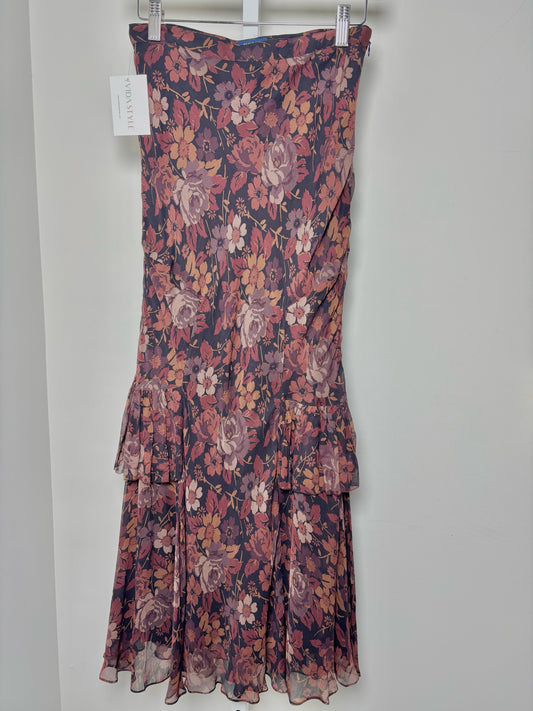 Women Size 2 Polo Ralph Lauren Burgundy, Black, Cream Floral Print Maxi Skirt