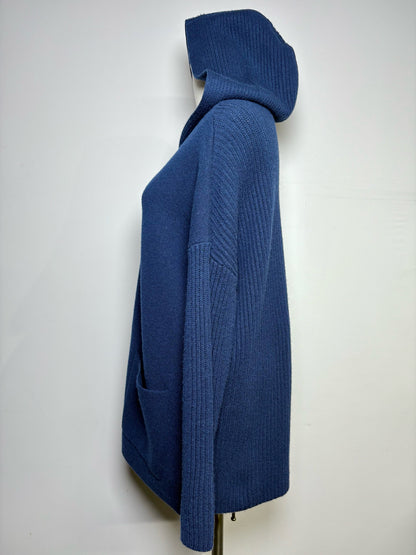 Women Size M Kinross Navy Blue Ribbed Zip Front Hoodie Cashmere Sweater