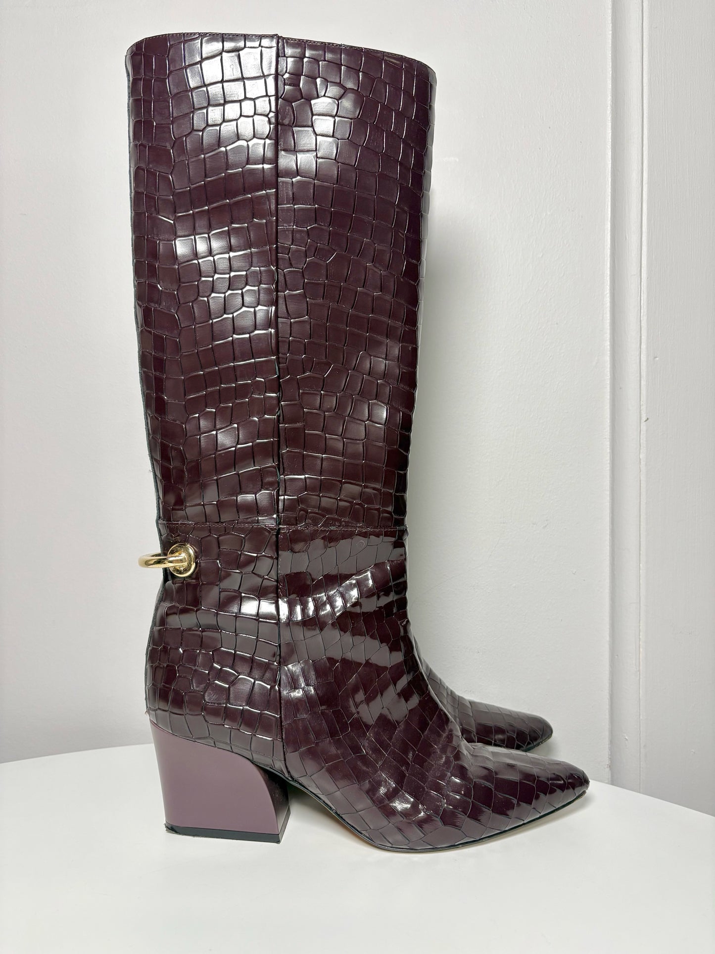 Tall Boots TIBI Croc Embosssed Burgundy Sz 10.5 Gold-tone Hardware