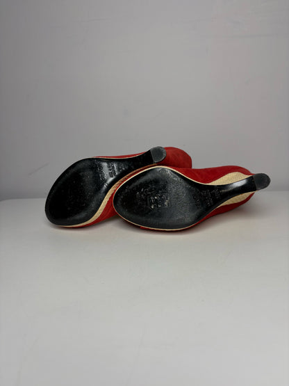 W Shoe Size 36.5 Fendi Red, Natural Leather, Rattan Suede Pre-owned Wedge Heels