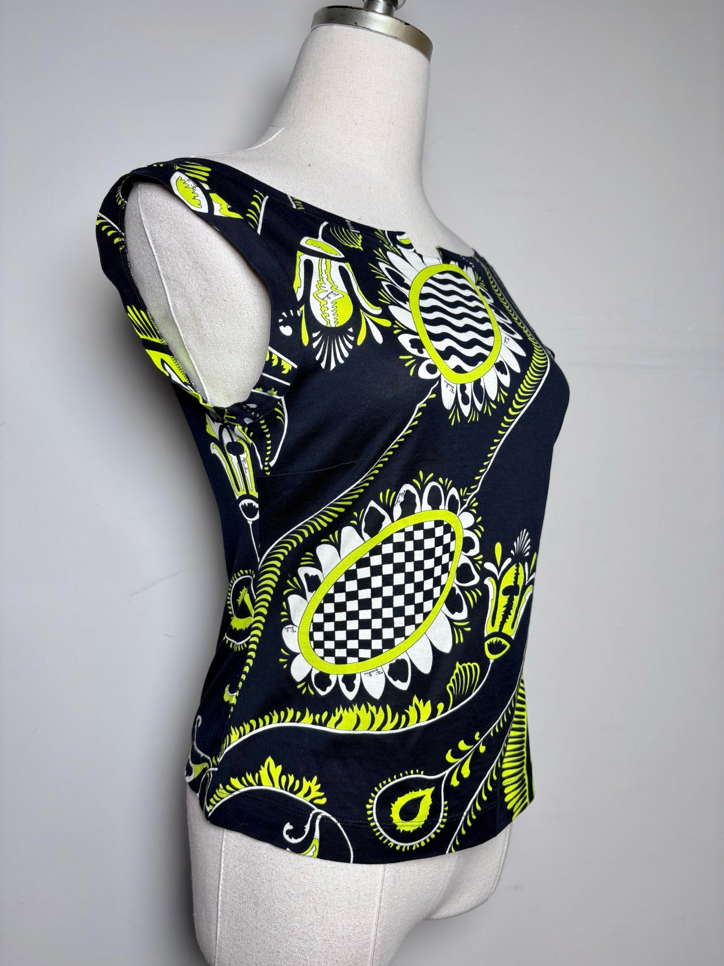 Women Size 6 (M) Emilio Pucci Black, Chartreuse, White Abstract Print Top