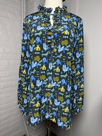 Women Size L Tyler Boe Multi-Color Dog 100% Silk Blouse