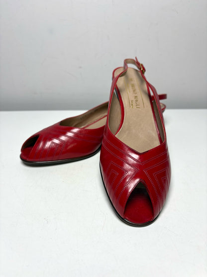 Women Shoe Size 7.5 Bruno Red Leather Vintage Pre-Owned Slingback Peep Toe Heels