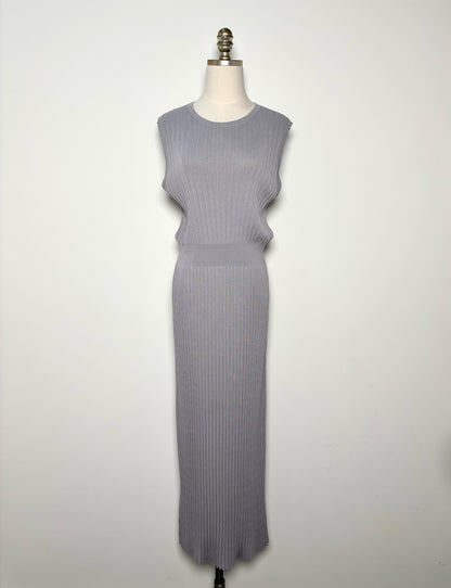 Women Size L Theory Gray Solid Pleated Center Knit Maxi Dress
