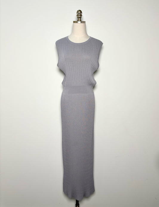 Women Size L Theory Gray Solid Pleated Center Knit Maxi Dress