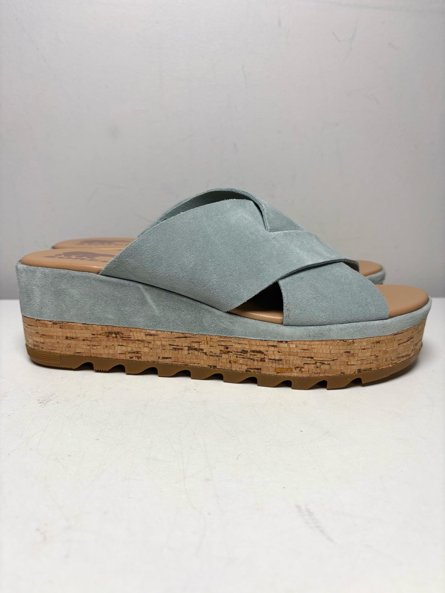 Women Shoe Size 8.5 Sorel Blue Suede & Cork NWT Pre-Owned Cameron Flatform Mule Sandals