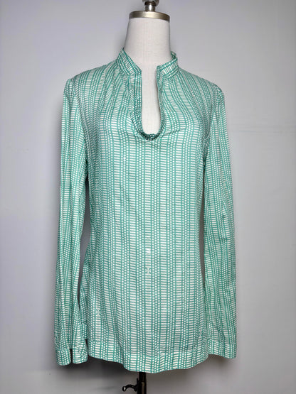 Women Size 10 Tory Burch Tunic Green, Cream Print Cotton Pre-owned Top
