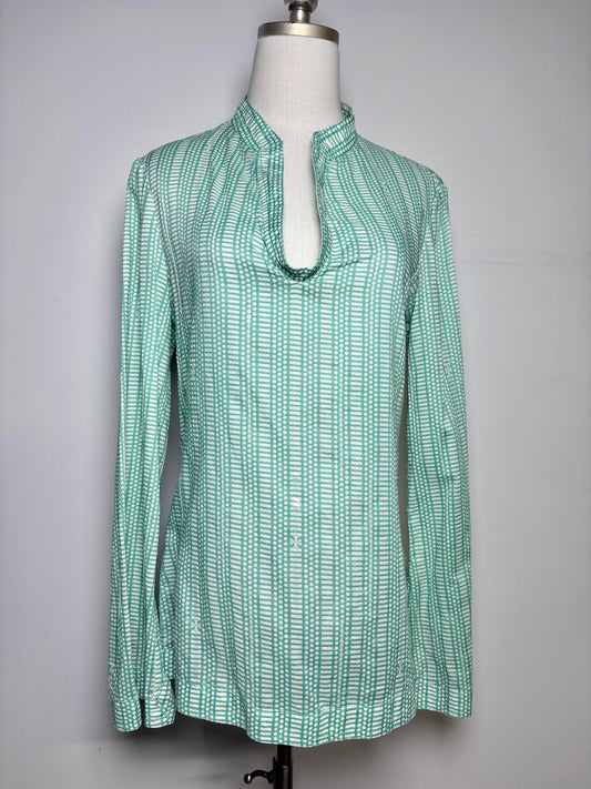 Women Size 10 Tory Burch Tunic Green, Cream Print Cotton Pre-owned Top