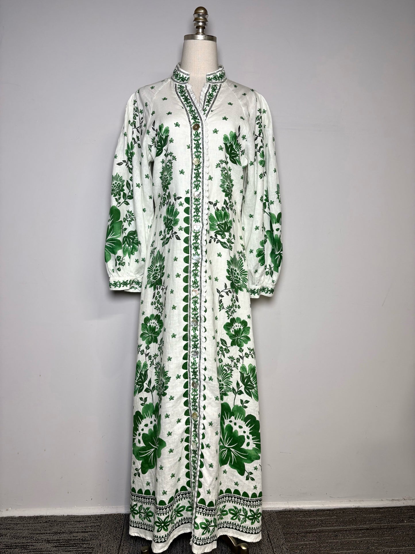 Women Size M Magaschoni White, Green Floral Pure Linen Pre-owned Dress