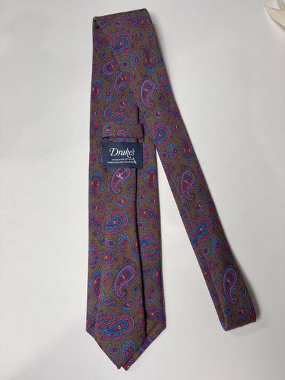Drake's Olive, red, navy Wool Paisley Men's Tie