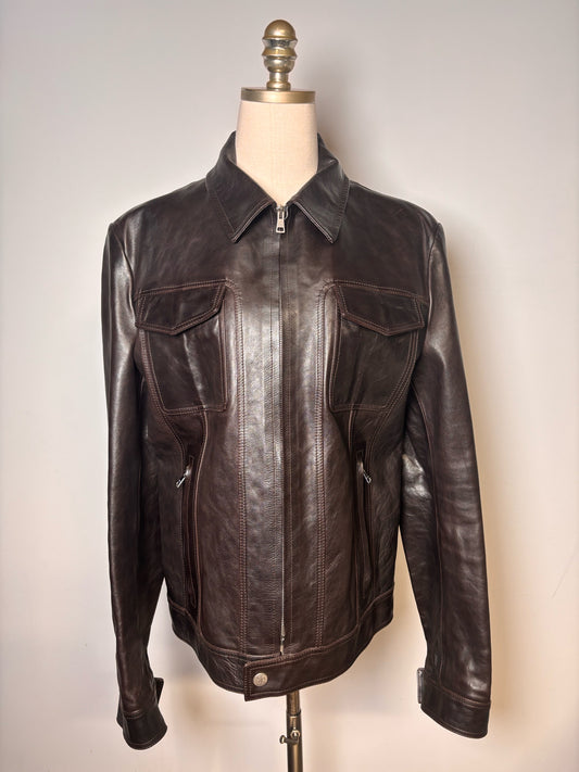 Gucci Black (Almost Brown) Leather Solid Men's 50 (L) Pre-owned, Rare Jacket