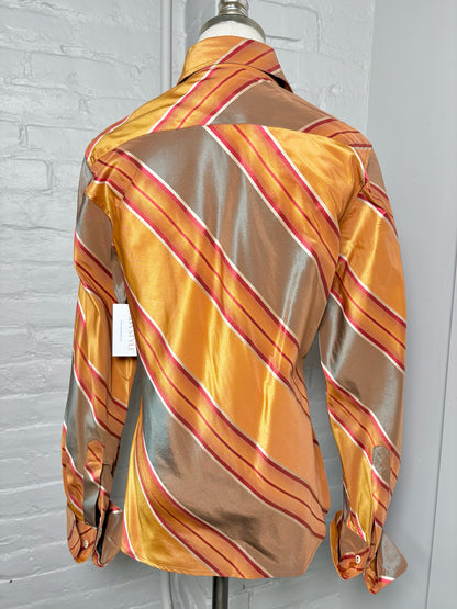 Women Size 10 Pamella Roland Orange, Brown, Red Striped Silk Shirt