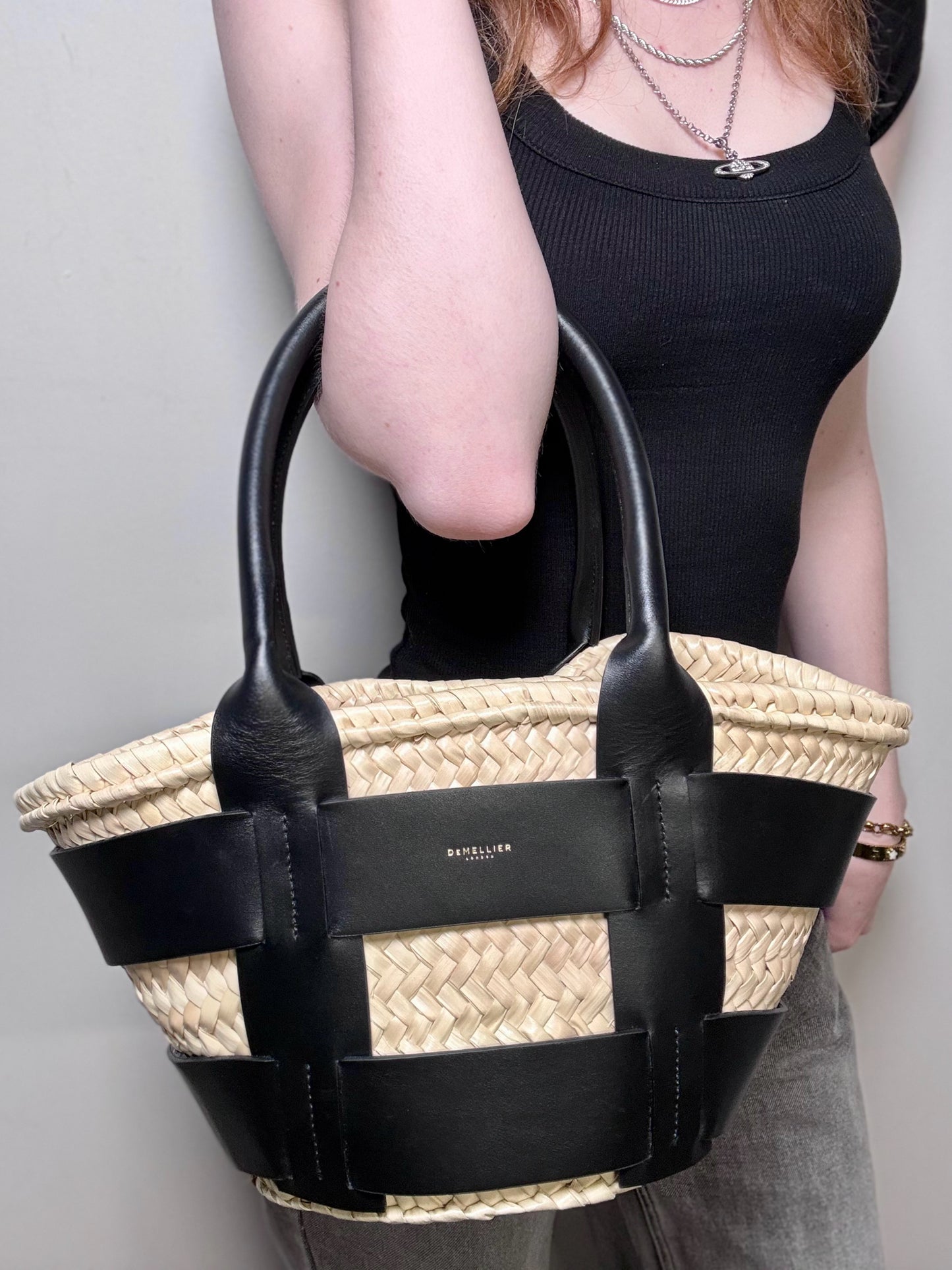 Women's DeMellier Mini Caged Leather, Woven Straw/Raffia Basket Purse