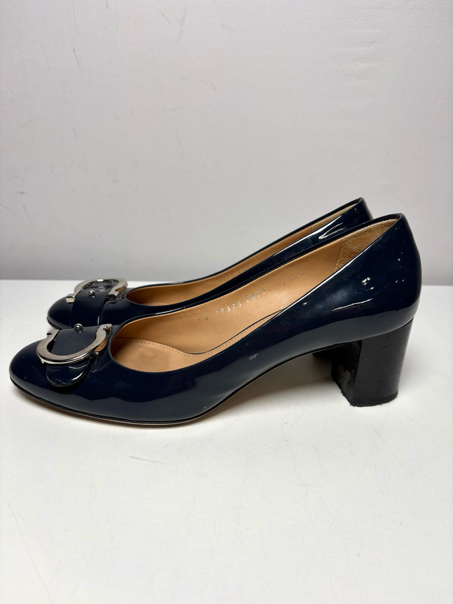 W Shoe Size 7.5 Salvatore Ferragamo Blue Leather Patent Women's Pre-owned Heels