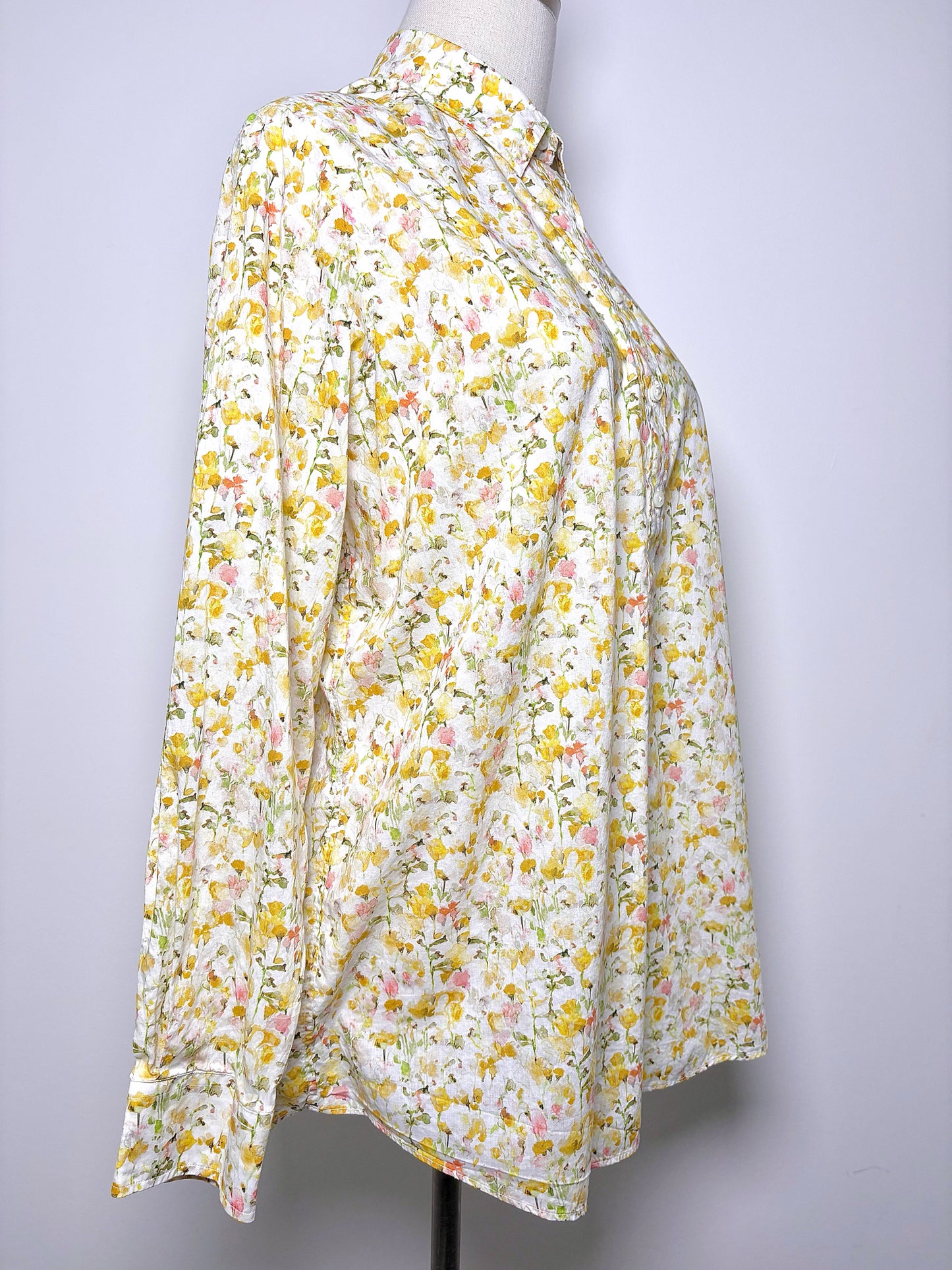 Women Size XL Ann Mashburn Yellow Floral Cotton Shirt