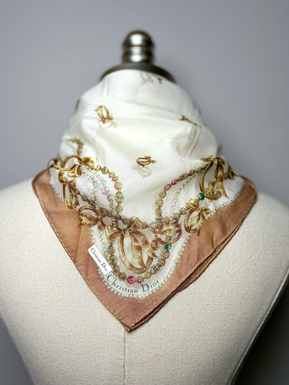 Christian Dior Cream Light Brown Trim Bow Motif Cotton Scarf
