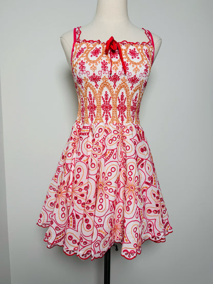 Women Size L Charo Ruiz Ibiza Pink, orange, white Eyelet Cotton Mini Dress