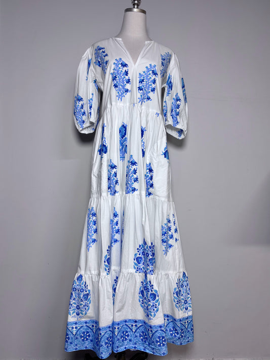 Women Size S Oliphant Maxi Laguna White/Blue Print Cotton Pre-owned, NWT Dress