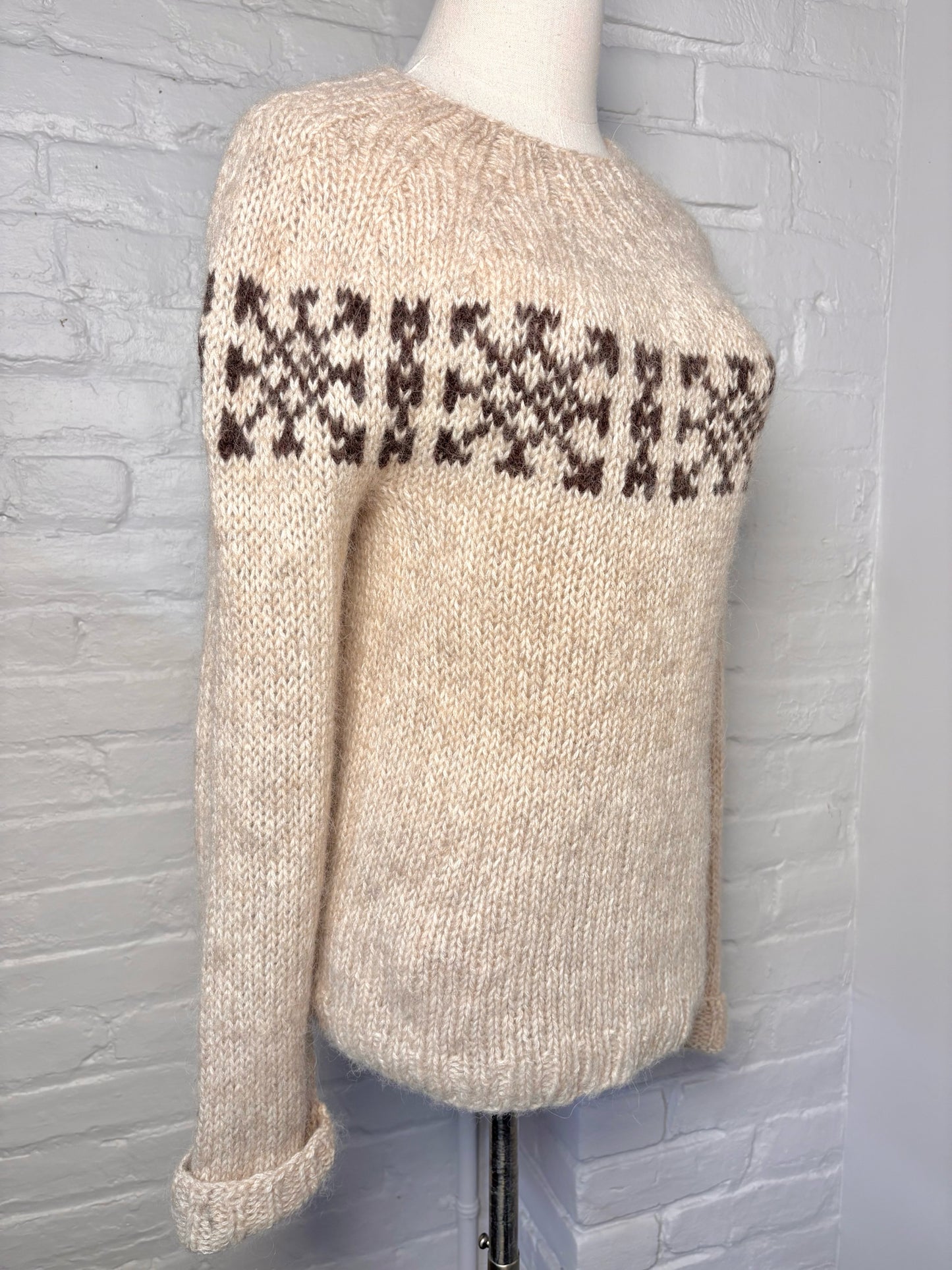 Women Size S No Label Tan Fair Isle Wool Sweater