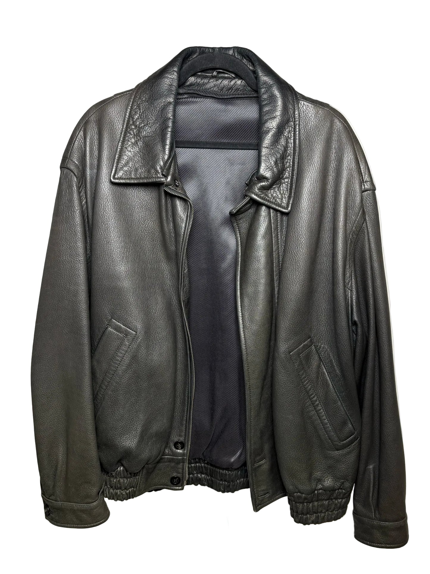 Men Size 54 IT (US 44 / XL Est.) Roberto Pierguidi Black Pebble Leather Vintage Rare Pre-Owned Bomber Jacket