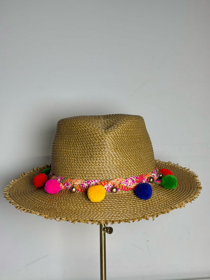 Eric Javits Straw Multi-color Pom Poms Pre-owned Natural One Size Hat