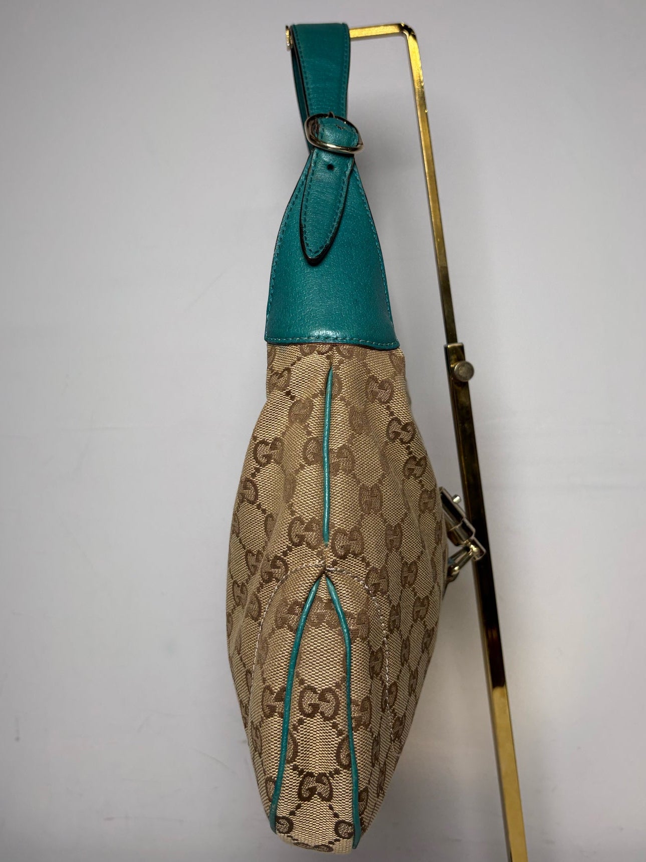Women's Gucci Jackie O GG Monogram Canvas Turquoise Leather Vintage Y2K Authentic Pre-Owned Medium Shoulder Bag
