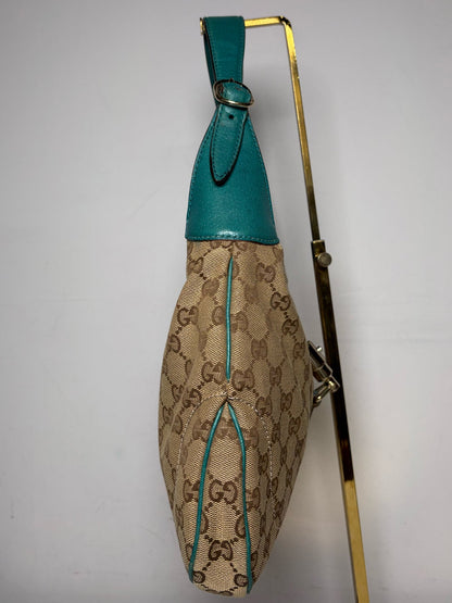 Women's Gucci Jackie O GG Monogram Canvas Turquoise Leather Vintage Y2K Authentic Pre-Owned Medium Shoulder Bag