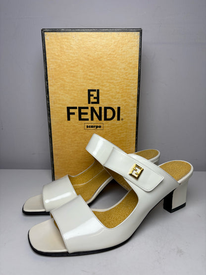 Women's Shoe Size 7.5 Fendi Off-White Patent Leather Vintage Rare Pre-Owned Heeled Sandals
