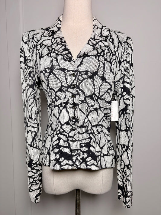 Women Size 4 St. John White, Black Floral Print Wool, Rayon Jacket