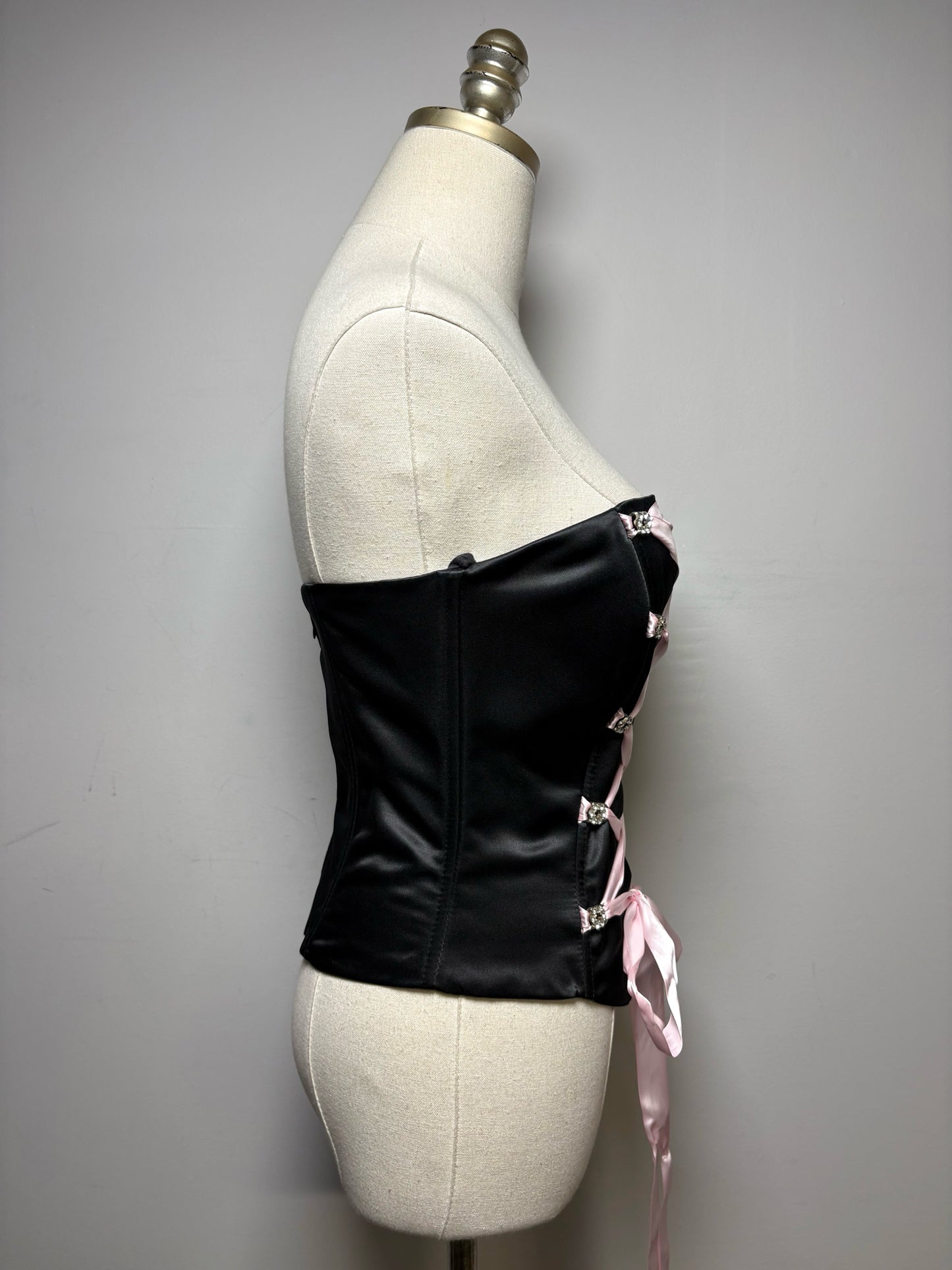Women's Size XS Dollar Black Shiny Crystal Corset Lace Pink Ribbon NWT Pre-Owned Shirt