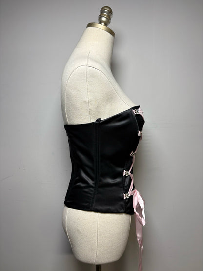 Women's Size XS Dollar Black Shiny Crystal Corset Lace Pink Ribbon NWT Pre-Owned Shirt