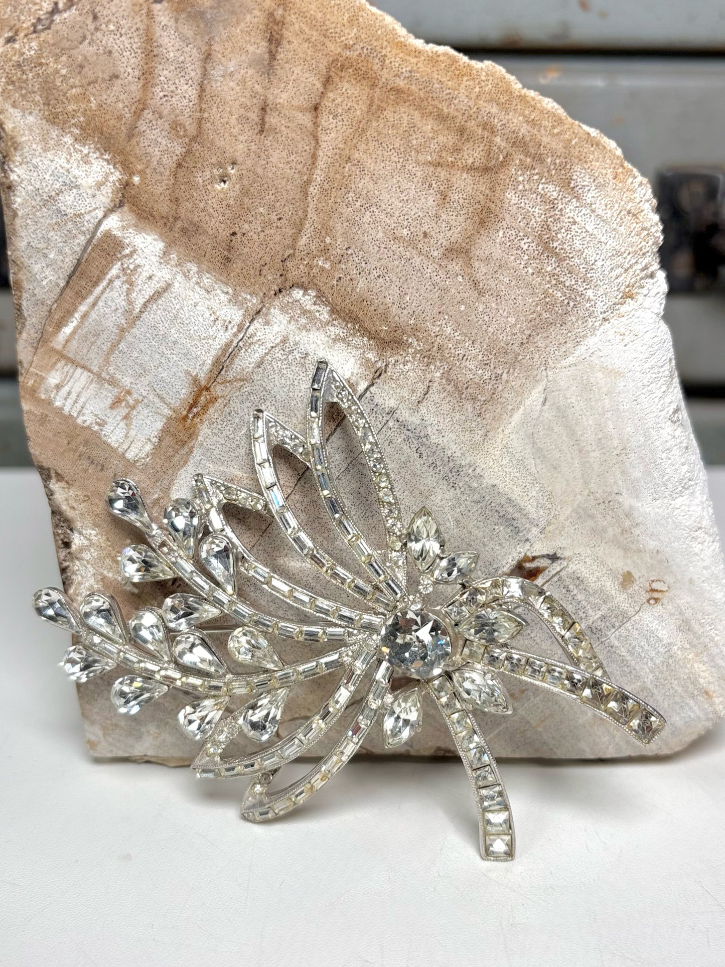 Large Vintage Rhinestone  Floral Bouquet Brooch Silver Pot Metal