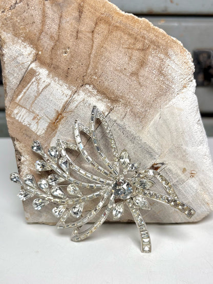 Large Vintage Rhinestone  Floral Bouquet Brooch Silver Pot Metal