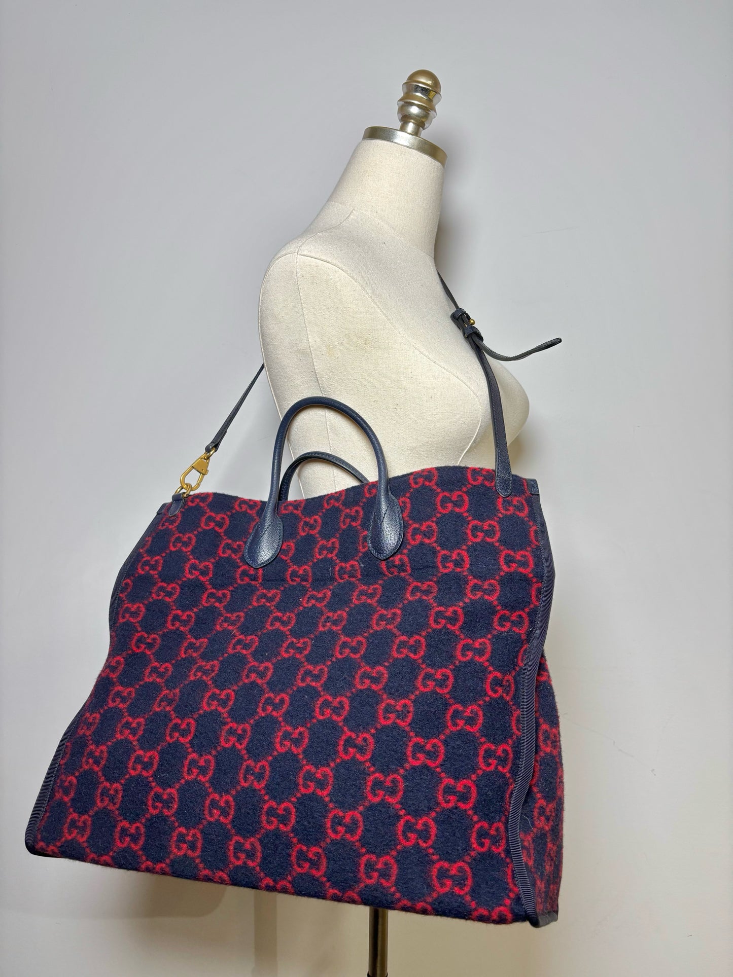 Blue, Red Gucci Double-G Monogram Wool Tote Bag
