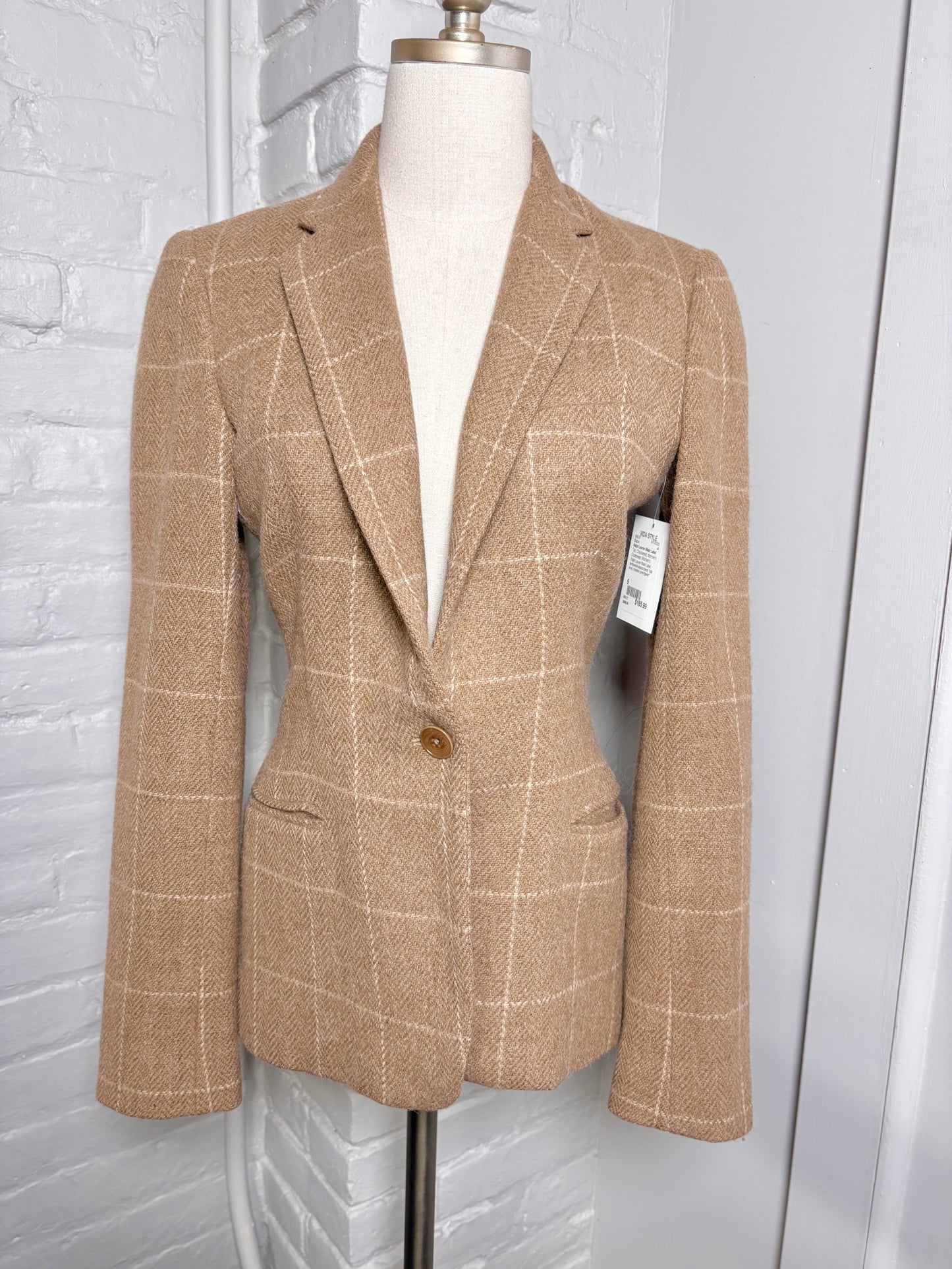 Women Size 6 Ralph Lauren Black Label Tan Checkered Pre-owned Blazer