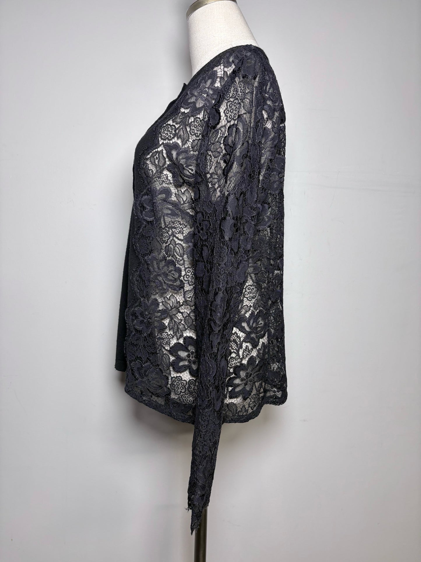 Women Size L Carolina Herrera Black Solid w/Lace Sleeves Wool, Lace Sweater