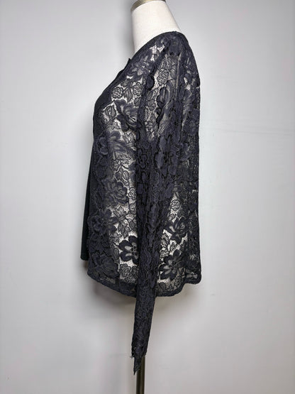 Women Size L Carolina Herrera Black Solid w/Lace Sleeves Wool, Lace Sweater
