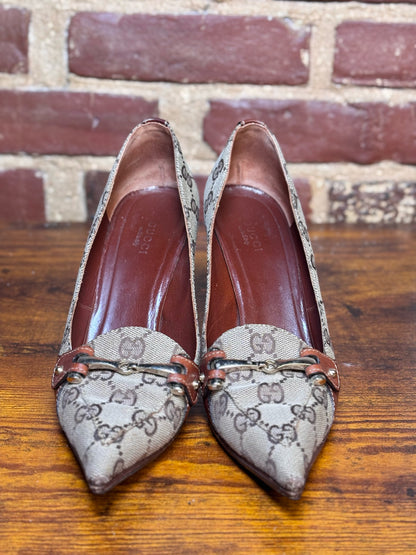 W Shoe Size 36.5 Gucci Brown Canvas, Leather Trim Vintage Pre-owned Heels